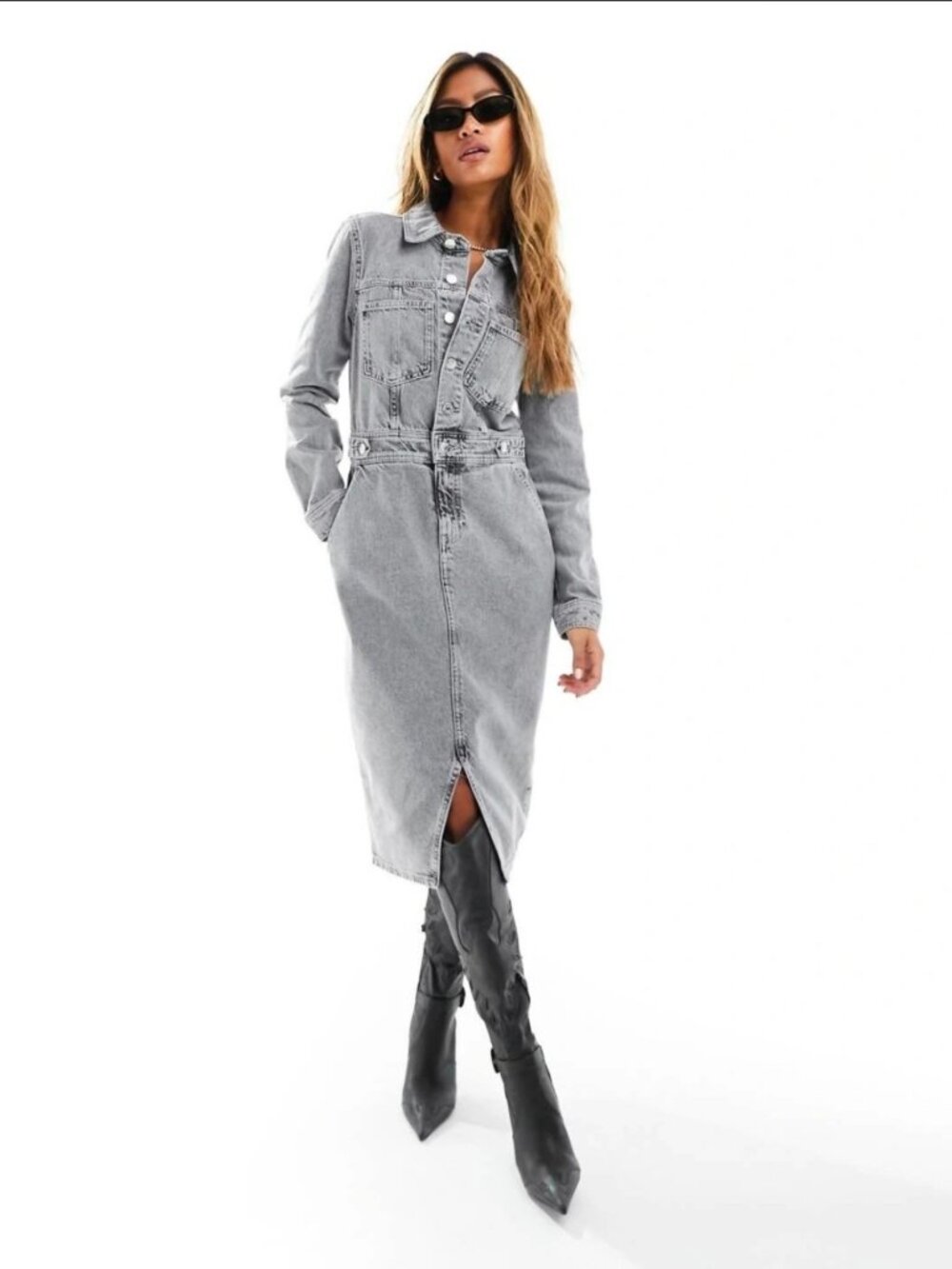 River Island Studios Gray Acid Wash Denim Midi Dress US 6 UK 10